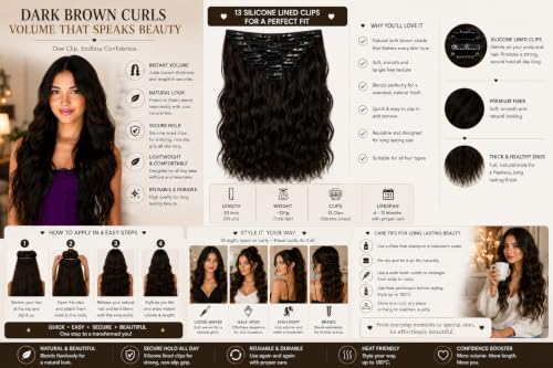 Image of Salon-Grade Clip-in Hair Extensions for Women, Imported Synthetic Hair, 6 PCS with 13 Secure Clips, Instant Volume, Natural Blend, Reusable Hair Volumizer (Dark Brown, Curly /Wavy)
