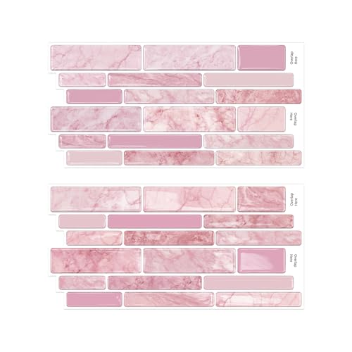 Alwayspon 9.69x4.72inchx10Pcs Marble Subway 3D Self Adhesive Wall Tile Sticker Peel and Stick Adhesive Waterproof Backsplash Stick on Tile Decal for Kitchen Bathroom Wall Pink