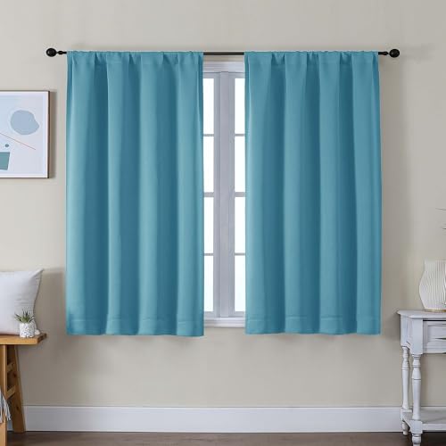 Image of Simplebrand Ava Turquoise Short Blackout Curtains for Bedroom 45 Inches Long 2 Panels Set, Solid Thermal Insulated, Energy Saving Window Treatment Curtains Blackout Drapes, W40 x L45 Inch, Turquoise
