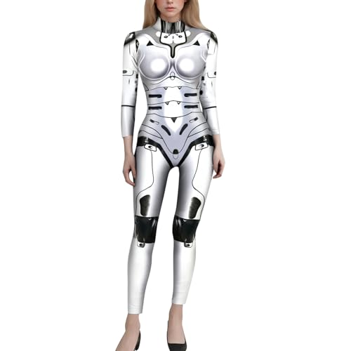 Orbgons Karneval Halloween Kostüm Damen 3D Roboter Rüstung Overall Sexy Skinny Langarm Catsuit, Frauen Ausgefallener Body Skinny Playsuit Mit...
