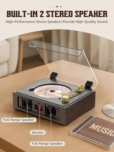 Image of CD Player with Built-in Speakers Bluetooth Retro Portable CD Players for Home Music Player with Remote Control Headphone Jack (Walnut Brown with LCD Screen)