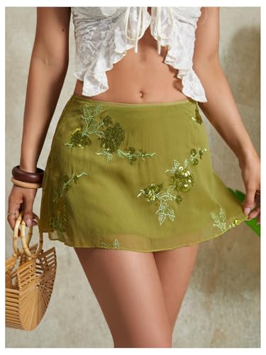SweatyRocks Women's Sequin Mini Skirt Y2K Sparkly Beaded Floral Embroidery Skirts3