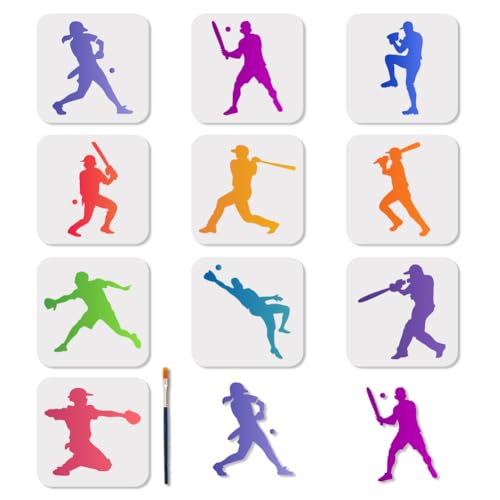 MAYJOYDIY 10 Pcs Baseball Stencil Reusable Ball Sports Stencils for Painting 5.9x5.9 Inches Player Action Drawing Templates with Paint Brush for Shirt Wood Wall Cards Home Gift Decoration