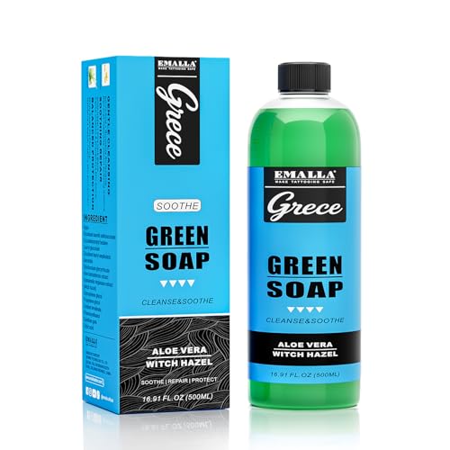 EMALLA 500 ml Tattoo Green Soap Ultra Concentrado Profesional Postcuidado Fórmula Vegana para Limpieza de Piercings de Tatuaje Suave Limpiador de la Piel