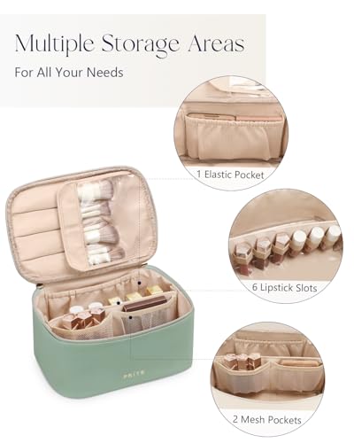Prite Large Makeup Bag for Women Travel Cosmetic Case Waterproof Leather Toiletry Bag Portable Make Up Organiser Pouch with Handle and Removable Divider (Green) - Image 3