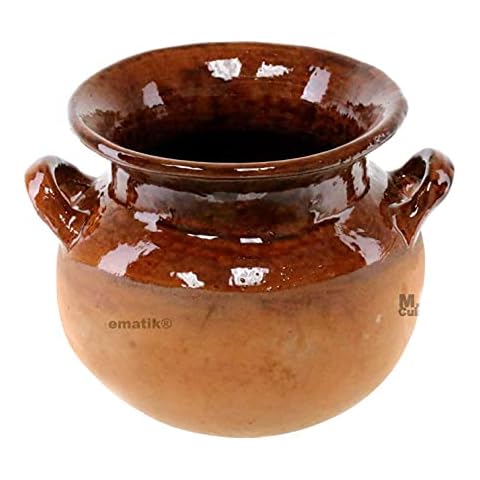 Olla Frijolera De Barro 1.5 Qt. Mini Traditional Handmade Mexican Authentic Artisan Barro Clay 100% Stockpot with Brown Glaze Interior Finish Cover