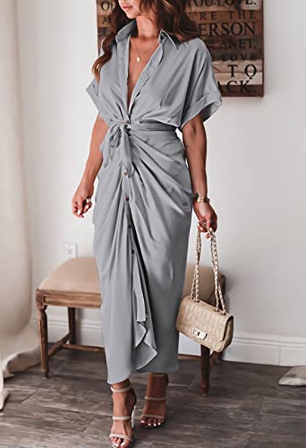 Linsery Satin Shirt Dress Women Button Down Short Sleeve Ruched Formal Work Belted Maxi Dress Gray S - Thumbnail 2