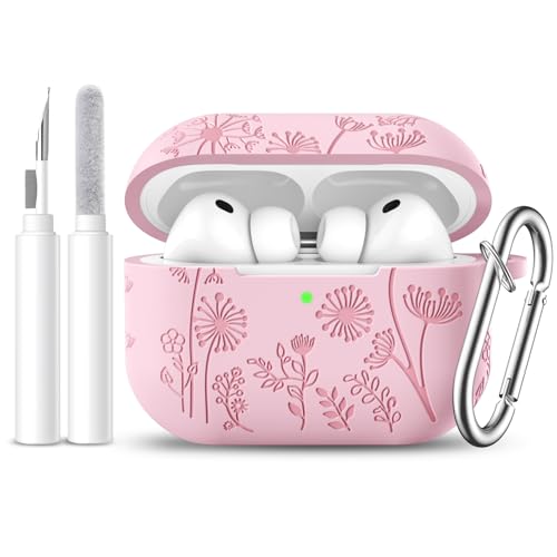 Lerobo for AirPods Pro 3 Case Cover with Cleaner Kit, Cute Flower Engraved Silicone Protective Cover with Keychain Compatible with Apple AirPod Pro 3rd Generation Case 2025 for Women and Girls, Pink