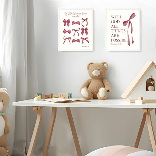 Image of LARTSFRO Coquette Red Bow Wall Art Decor Posters, Red Bow Christian Room Bedroom Bathroom Dorm Wall Art Decor Aesthetic for College Teen Girls Gifts, Inspirational Bible Verses Bow Wall Decor, 10x8 Inch Set of 4 Pcs Bow Pictures (UNFRAMED)