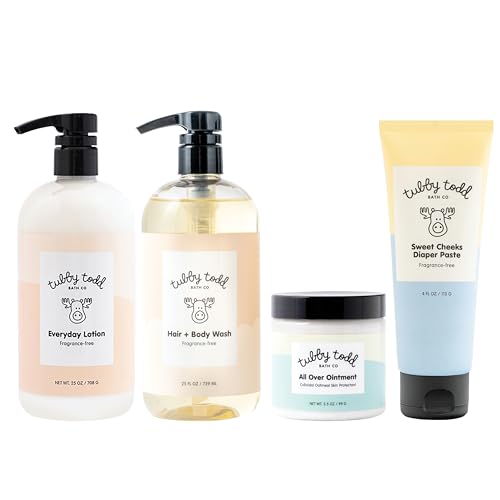Image of Tubby Todd Baby Bath & Skincare Kit - The Baby Bundle - Baby Shampoo and Body Wash, Everyday Lotion 25 Oz, All Over Ointment 3.5 Oz & Diaper Paste Cream 7.9 Oz Gift Set - Fragrance-Free