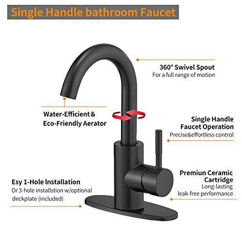 Hoimpro Modern Single Handle Wet Bar Sink Faucet With 6 Inch Cover Plate,Single Hole Bathroom Faucet,Rv Small Bathroom Sink Faucet,Bar Vanity Faucet With 360 Rotate Spout,Stainless Steel/Matte Black #TOP2