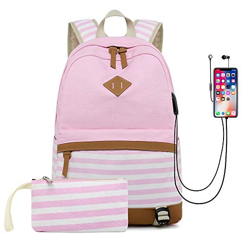 MINGZE Mochilas Escolares  de Lona  USB Puerto y de Auriculares  Ideal para Niños Mujeres