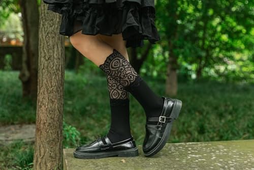Image of Womens Lace Cotton Socks Transparent Mesh Ruffle Dress Calf Socks