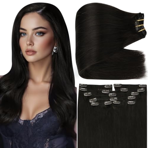 Image of Full Shine Black Clip in Hair Extensions, Real Human Hair, 22 Inch 150g | Clip Ins, Straight Hair for Versatile Styling, Everyday Wear, Suitable for Black Women, 7Pcs