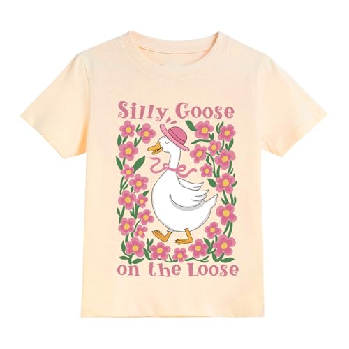Kachibud Toddler Shirts Girls Cotton Tops Beige Round Neck Short Sleeve Ribbon Flower Hats Silly Goose on The Loose Kids T-Shirts 5T