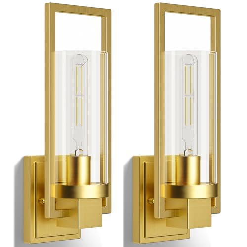 Image of CINOTON Golden Wall Sconces Set of 2, 15 inch Brushed Gold Wall Mounted Lamp, Hardwired AC 120V Wall Sconces Vintage Vanity Light Fixtures with Clear Glass, Wall Lights for Living Room, Hallway, Bedroom