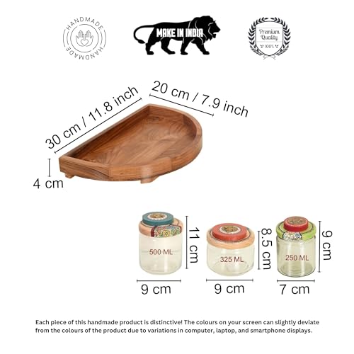 Image of AAKRITI ART CREATIONS Rainbow Pickle Jars with Handcrafted Wood Lids in Round Tray | Warli Art Colorful Glass Jar Set for Kitchen and Dining | Glossy Finish Airtight Storage Jars