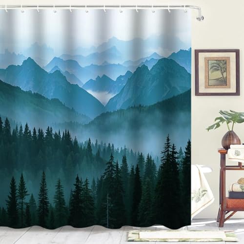 GUCOOKTIN Forest Shower Curtain for Bathroom, Green Nature Misty Forest Pattern Shower Curtain Set with Hooks Waterproof Cloth Fabric Shower Curtains, Decorative Landscape Dark Green 72x72 — view 4