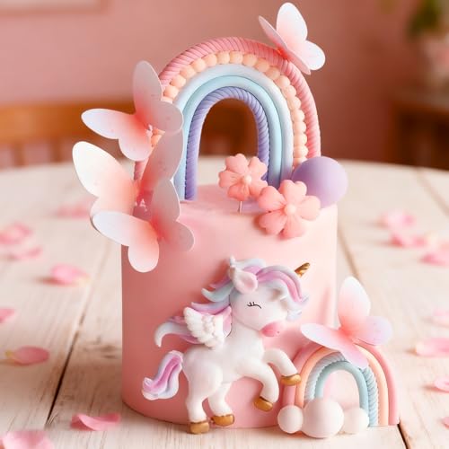 Décoration gâteau licorne anniversaire, Set de cake topper avec arc-en-ciel & 15 ballons, décoration gâteau fille pour fête & décoration licorne...