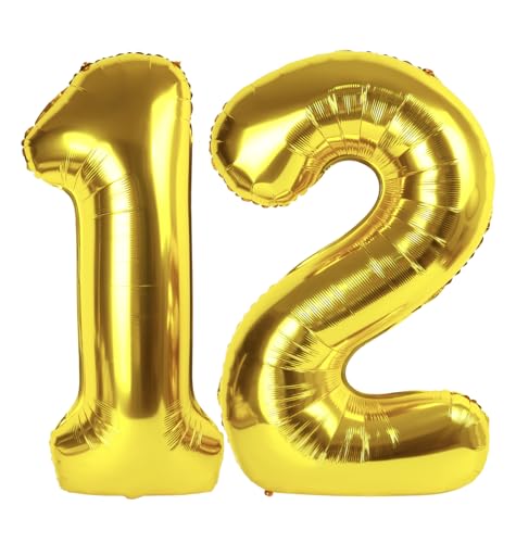 Image of Gold Number 12 Balloon 40 inch, 12 Number Balloons, 12th Gold Birthday Decorations, 12 Year Old Golden Party Supplies