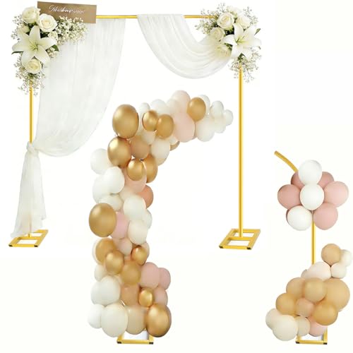 2-in-1 Dual-use Square Balloon Arch Stand Metal Wedding Backdrop Stand Party Birthday Bridal Baby Shower Flower and Floral Arch for Ceremony 6.6FT (Gold)