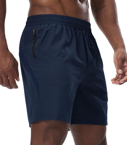 Danfiki Men's Running Gym Shorts Athletic Breathable Quick Dry Lightweight Workout Short with Zipper Pocket Navy