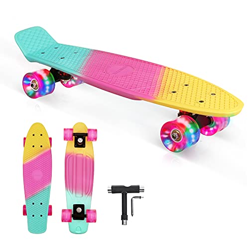 BRGOOD Skateboard for Kids Ages 6-12, Skateboards for Girls Longboard Skateboards 22'' Mini Cruiser Skateboards with LED Wheels, Kids Skateboards for Beginners Girls Boys Teens Youths Pink