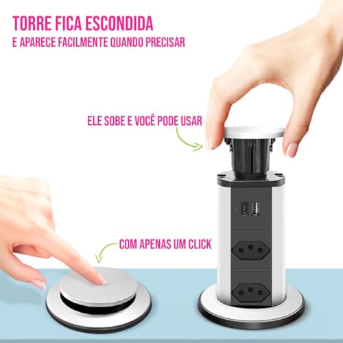 Torre De Tomadas Multiplug com 3 tomadas Usb + Usb C de Embutir Mesa Bancada escritorio (PRETA)