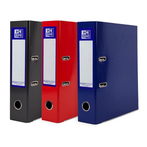 Oxford A4 Lever Arch Files, Glossy Filing Folders, Durable Laminated Paper-on-Board, 70 mm Spine Holds Up to 560 Sheets, Red, Black & Blue, Pack of 3