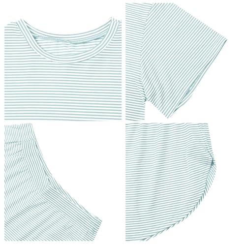 Image of Remidoo Women's Pajamas Set Striped Tee Shirts and Shorts Side Slit Crewneck Loungewear White XX-Large