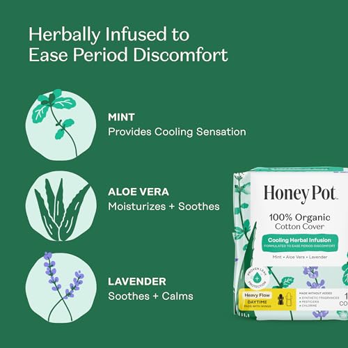 Image of The Honey Pot Company - 56ct - Herbal Sanitary Pads for Women - Heavy Flow w /Wings - Infused w /Essential Oils for Cooling Effect & Organic Cotton Cover - Feminine Care