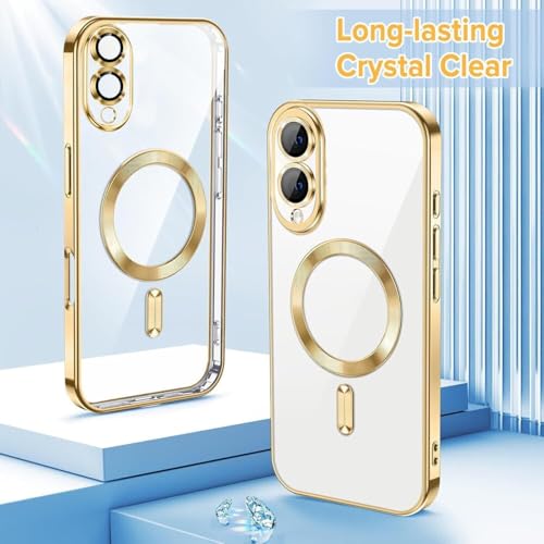 Image of VONZEE Clear Logo Electroplating Transparent Case for Samsung Galaxy S25 Edge 5G, Magnetic Plating [Support for MagSafe Charger] Electroplate TPU Cover - Gold