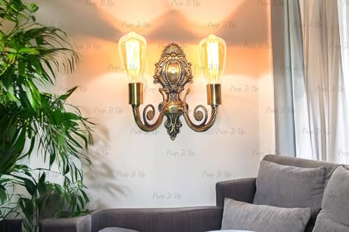 Image of Prop It Up Vintage Double Wall Sconce, Antique Brass Finish, Ornate Victorian Style Without Edison Bulbs
