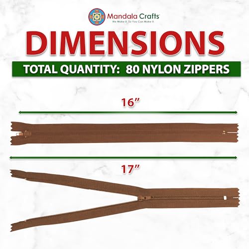 Image of Mandala Crafts 80 PCs Brown Closed-End 16 Inches Nylon Zippers for Sewing