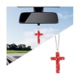 HZEL Bling Car Hanging Ornament, Cross Crystal Rhinestone Vehicle Rear View Mirror Pendant, Diamond Religious Rearview Mirror Decoration Charm, Universal Automotive Interior Accessories (Red)