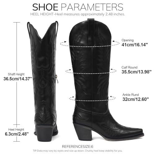 Image of Tscoyuki Cowboy Boots for Women: Embroidered Western Knee High Boots Women - Pointed Toe Chunky Heel Cowgirl Tall Boots