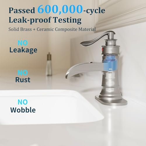 Bathlavish Bathroom Faucet Brushed Nickel Waterfall with Pop Up Drain Stopper Single Handle Vanity Sink Faucets One Hole Lever Satin Basin with Overflow Vintage Commercial Supply Line — view 5