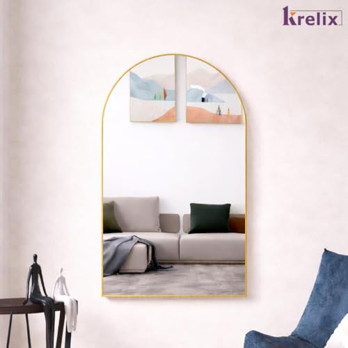 Image of 12x18 Inch Gold Arched Vanity Mirror - Modern Plastic Frame Wall Mirror for Bathroom, Bedroom & Home Decor(Gold, Cruved)