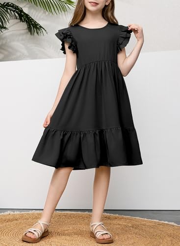 blibean Teen Girls Dresses Kids Double Layer Ruffle Sleeve Dress Size 6-15 Years2