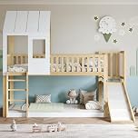 BTM High Sleeper Bed with Slides and Under-bed Storage Space, 3ft-90x190cm Single Beds, Pine+MDF+Plywood, White+Wood Colour. No Mattress