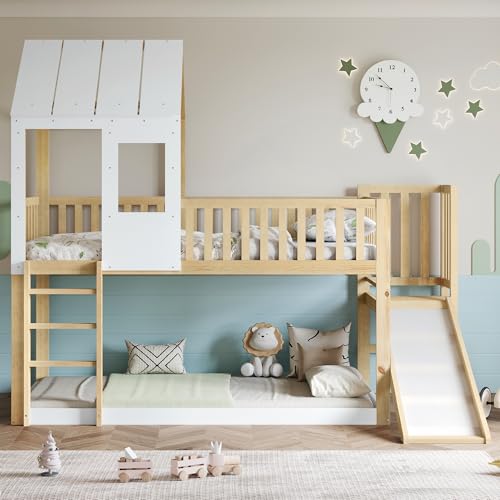 BTM High Sleeper Bed with Slides and Under-bed Storage Space, 3ft-90x190cm Single Beds, Pine+MDF+Plywood, White+Wood Colour. No Mattress