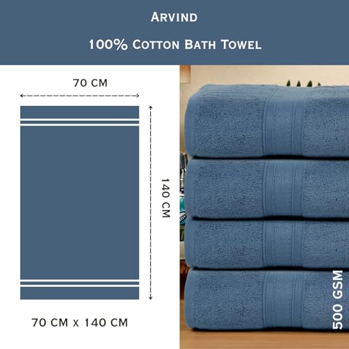 Image of Arvind 100% Cotton Towels for Bath | Towels for Bath Large Size | 500 GSM Bath Towel - Soft & Absorbent | 4 Piece Bath Towel for Men /Women | Urban Comfort | 70 cm x 140 cm - Dark Blue