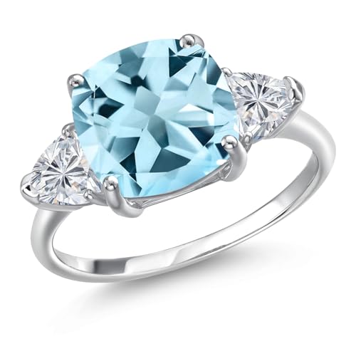 Gem Stone King 10K White Gold Sky Blue Topaz and Lab Grown Diamond Engagement Ring For Women | 4.99 Cttw | Cushion 10MM | Gemstone November Birthstone | Available in Size 5,6,7,8,9