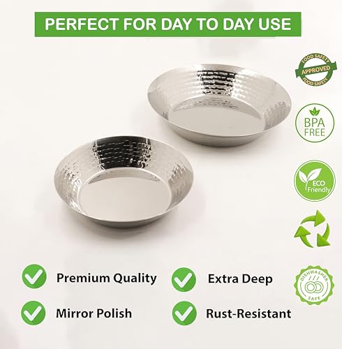 Image of Spillbox Stainless Steel Hammered Parat Lunch Plate Set - Quarter, Snack, Nasta, Dessert, Side Dish - Mirror Finish, BPA Free - Set of 2