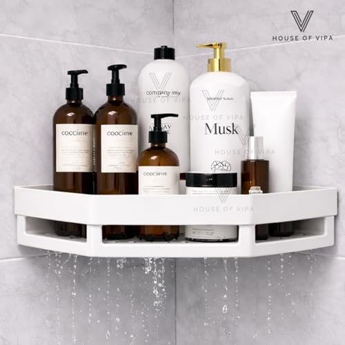 Image of No Drill Bathroom Corner Shelf Organizer | Wall Mounted Plastic Corner Rack for Bathroom & Kitchen | 2-Tier Shelves with 4 Hooks & 2 Soap Dishes | Rustproof, Heavy Duty Storage | White (Set of 2)