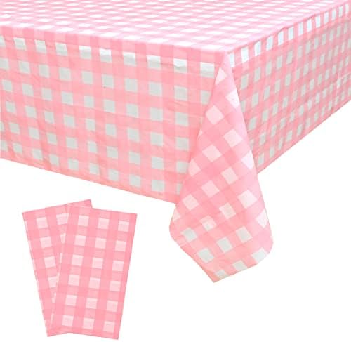 Vedran 2 Pack Pink Gingham Tablecloth Decorations, Pink and White Checkered Background Disposable Plastic Tablecloth 54 x 108 Inch