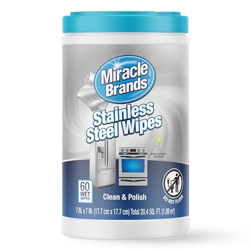 MiracleWipes for Stainless Steel, Great for Kitchen and Appliances, Including Oven, Refrigerator, Dishwasher, Microwave, Sink, Hood, Grill, Removes Fingerprints and Smudges - 60 Count