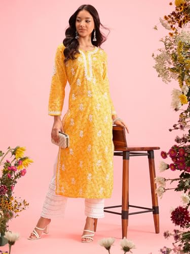 Image of Ada Women's Cotton Straight Fit Straight Hand Embroidered Lucknowi Chikankari Kurta Kurti A411378