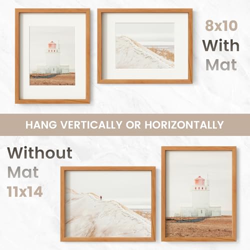 Image of 11x14 Picture Frame Set of 3, USA-Sourced Natural Cherry Wood Photo Collage Frame with HD Tempered Glass, Modern Simple 11 x 14 Wooden Frame Matted to 8x10, Vertical & Horizontal Wall Hanging Display