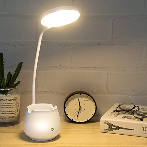 LED Desk Lamp, All in One 1250 mAh 3 Color Modes & Stepless Dimmable Desk Lamps Home Office Desk Lamp with USB Charging Port Pen Holder Eye-Caring Study Lamp Led Desk Light for Study Reading Dorm